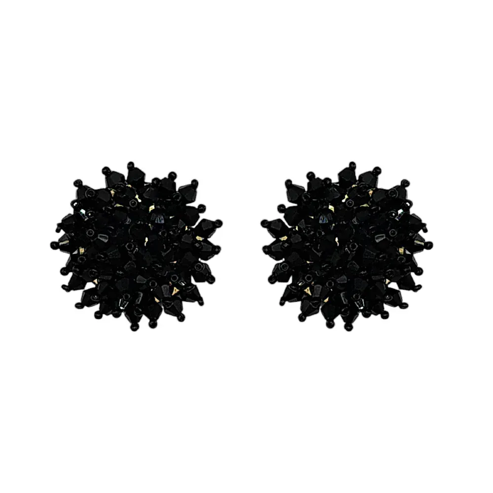 Black Glass Bead Flower Cluster Stud Earrings