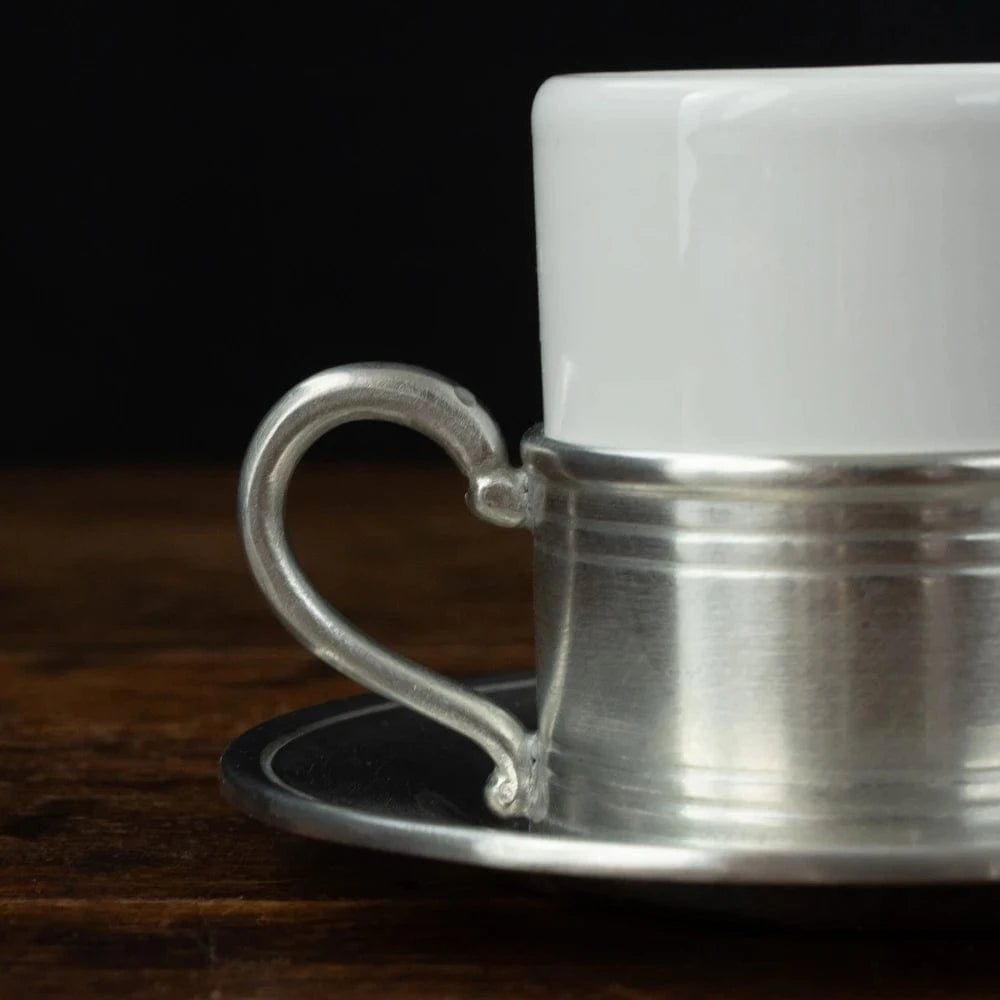 Italian Pewter and Ceramic Espresso Cup with Saucer