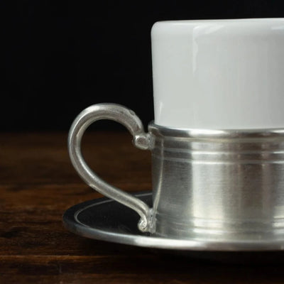Italian Pewter and Ceramic Espresso Cup with Saucer
