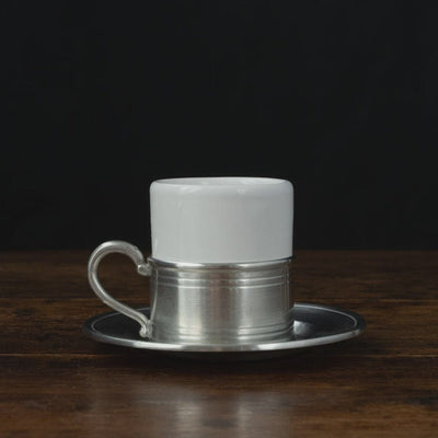 Italian Pewter and Ceramic Espresso Cup with Saucer