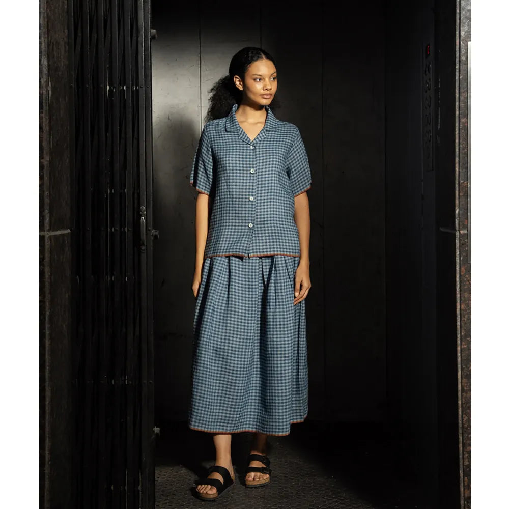 Julia Linen Check Skirt | Ash Blue