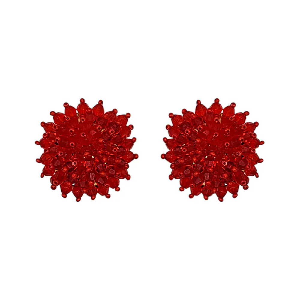 Red Glass Bead Flower Cluster Stud Earrings