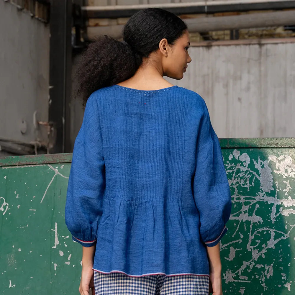 Amelia Linen Pintuck Top | Cobalt