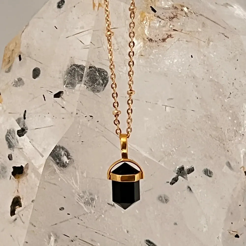 Black Onyx Double Mini Point Bridge Set On Short Satellite Chain
