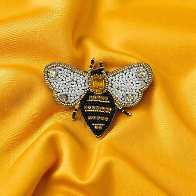 Black, White + Gold Embroidered Bee Brooch
