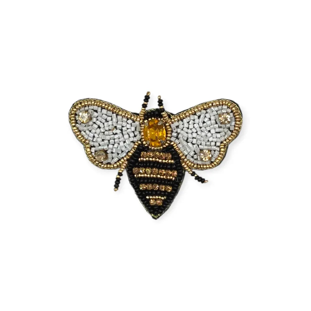Black, White + Gold Embroidered Bee Brooch