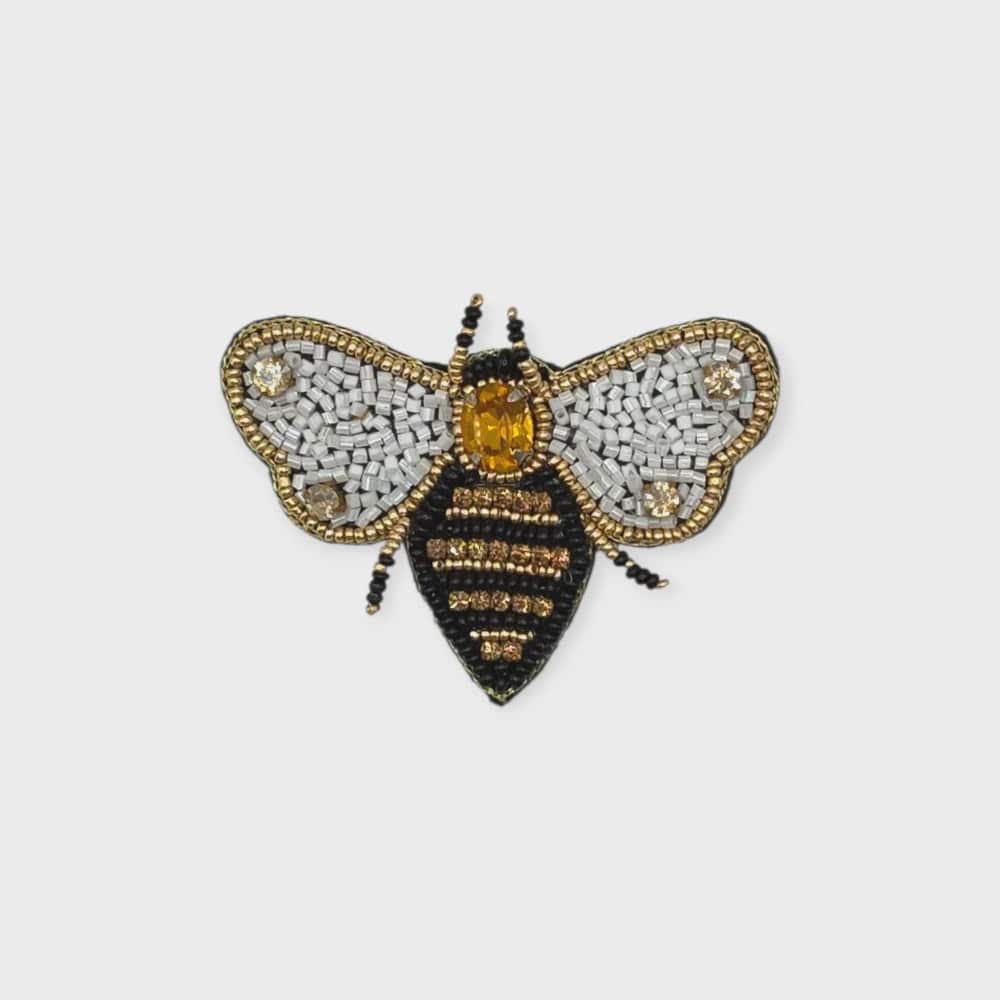 Black, White + Gold Embroidered Bee Brooch