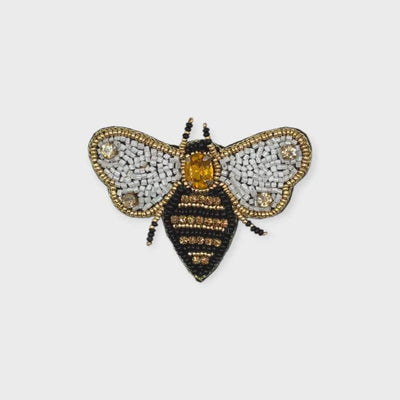 Black, White + Gold Embroidered Bee Brooch