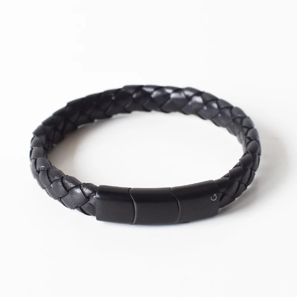 Black Wide Plaited Leather Bracelet