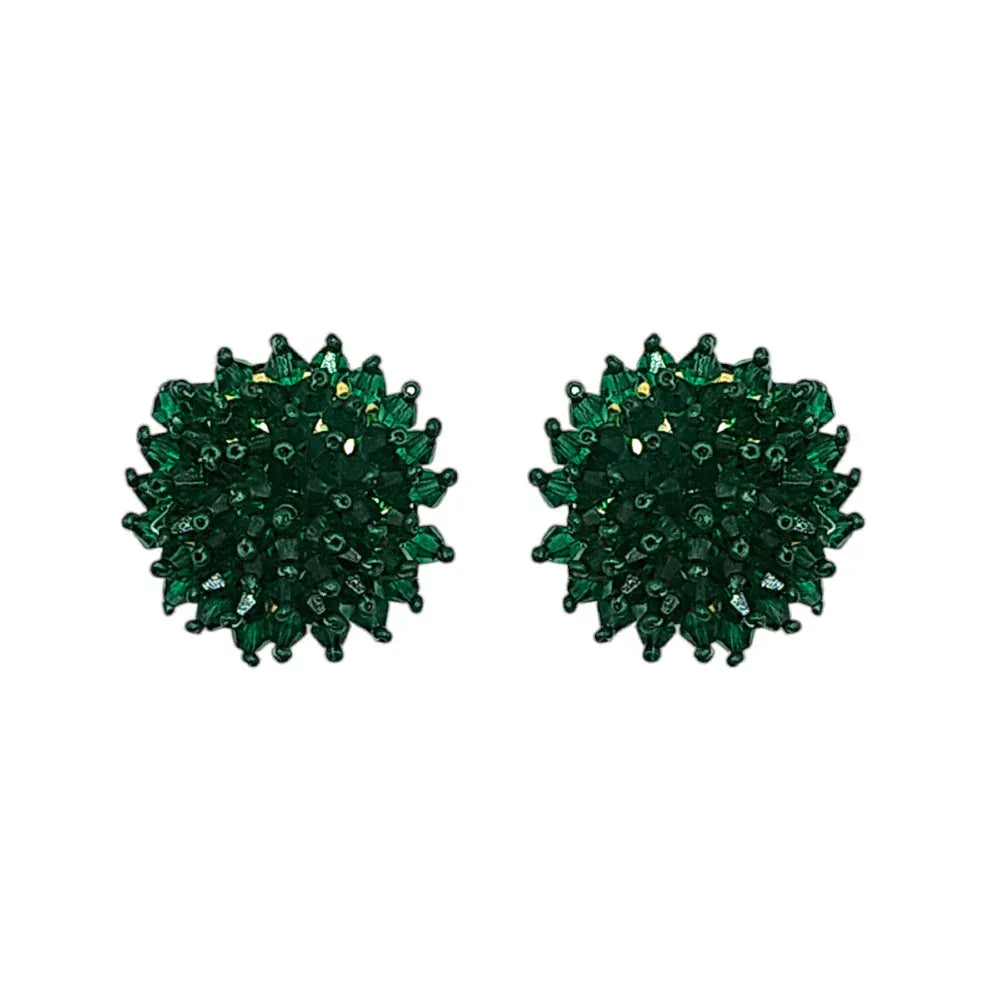 Emerald Green Glass Bead Flower Cluster Stud Earrings