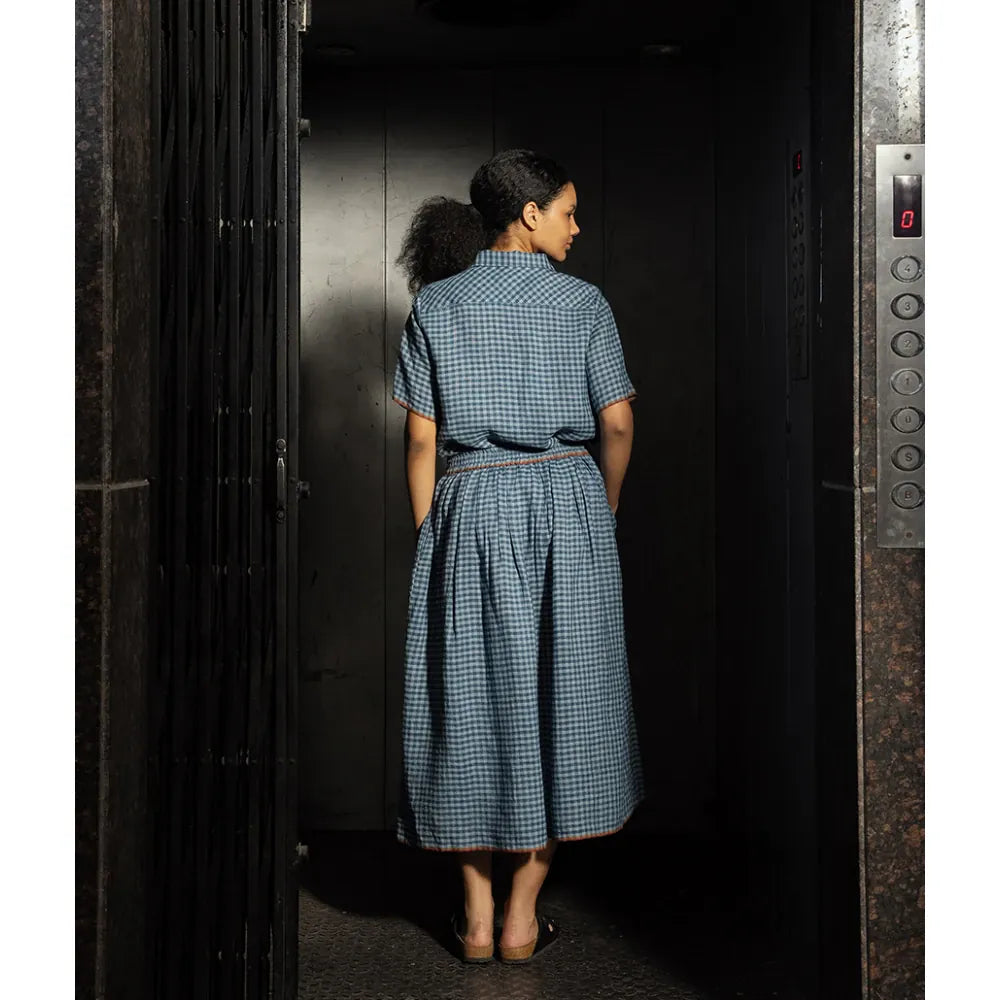 Julia Linen Check Skirt | Ash Blue