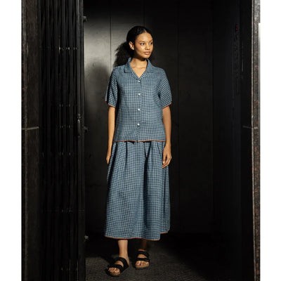 Julia Linen Check Skirt | Ash Blue