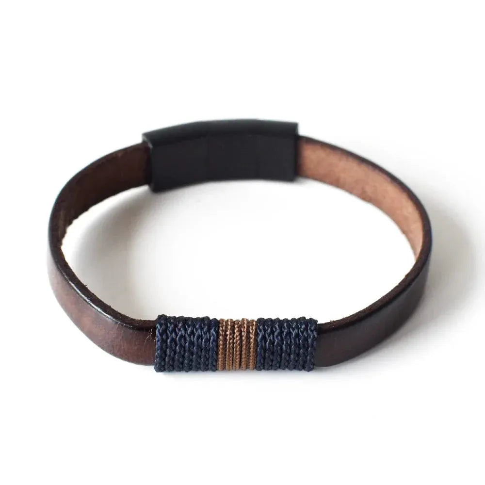 Leather Bracelet | Slim Brown with Navy Trim