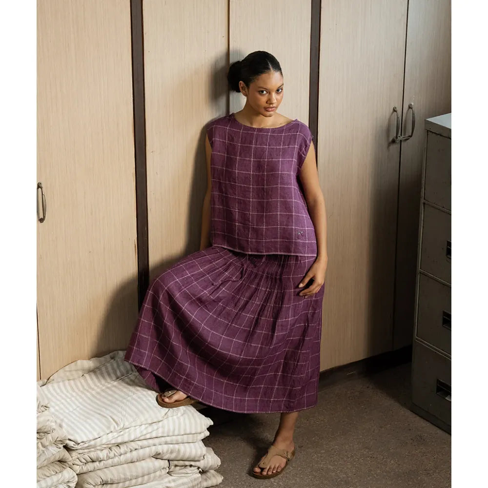 Megan Linen Check Skirt | Aubergine