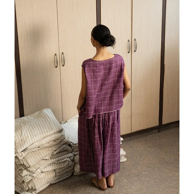 Megan Linen Check Skirt | Aubergine