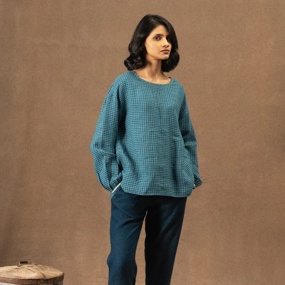 Nicola Linen Check Blouse | Niagara