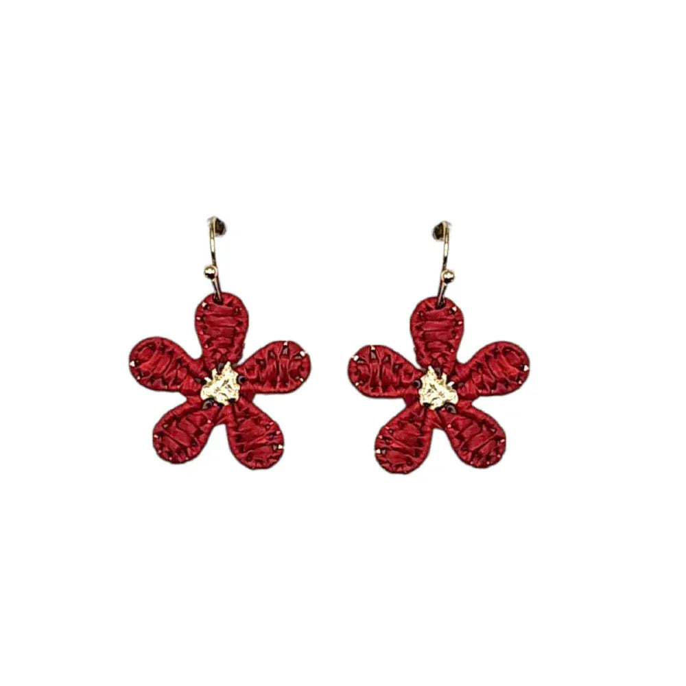 Red Mini Raffia Hook Flower Earrings