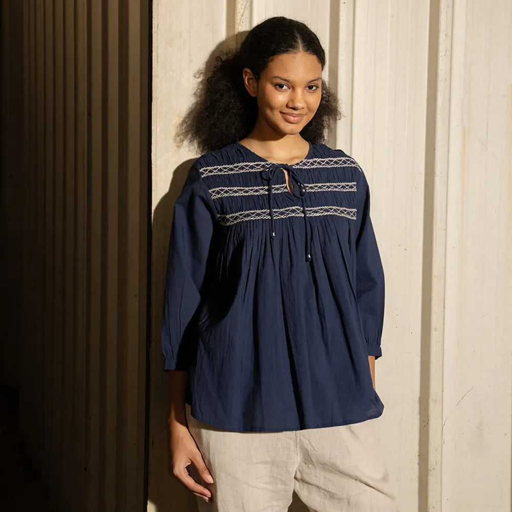Sandra Cotton Smocked Top | Navy