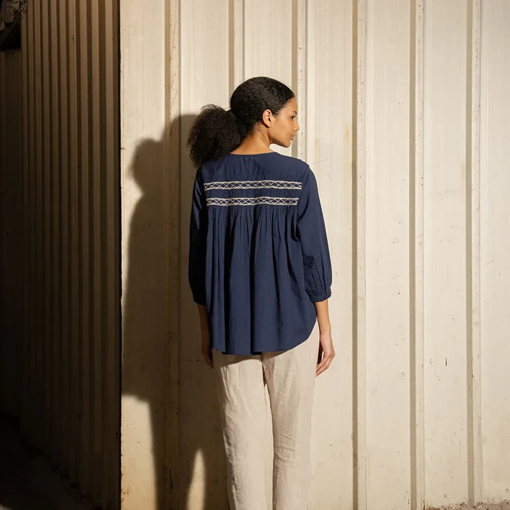 Sandra Cotton Smocked Top | Navy