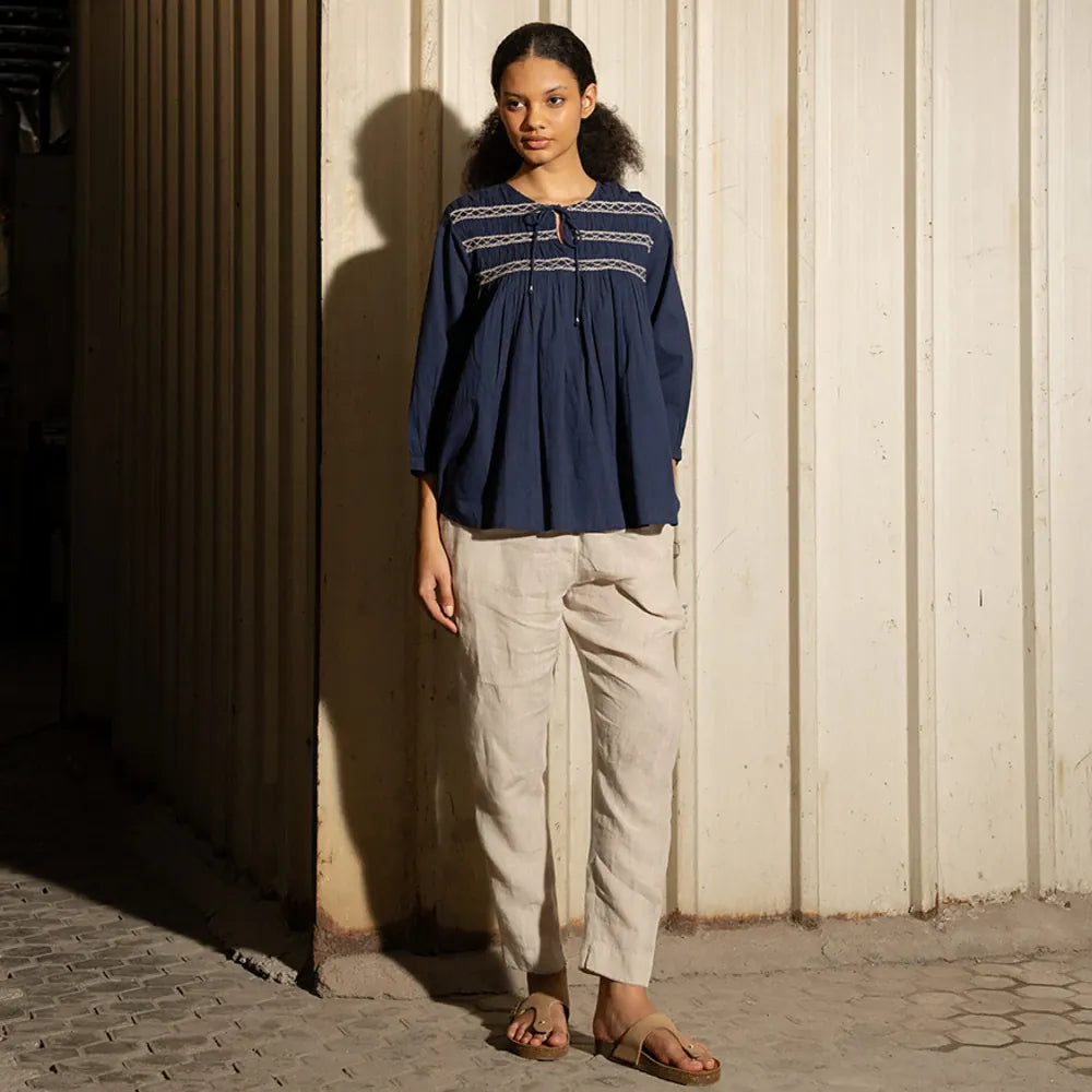 Sandra Cotton Smocked Top | Navy