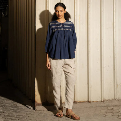 Sandra Cotton Smocked Top | Navy