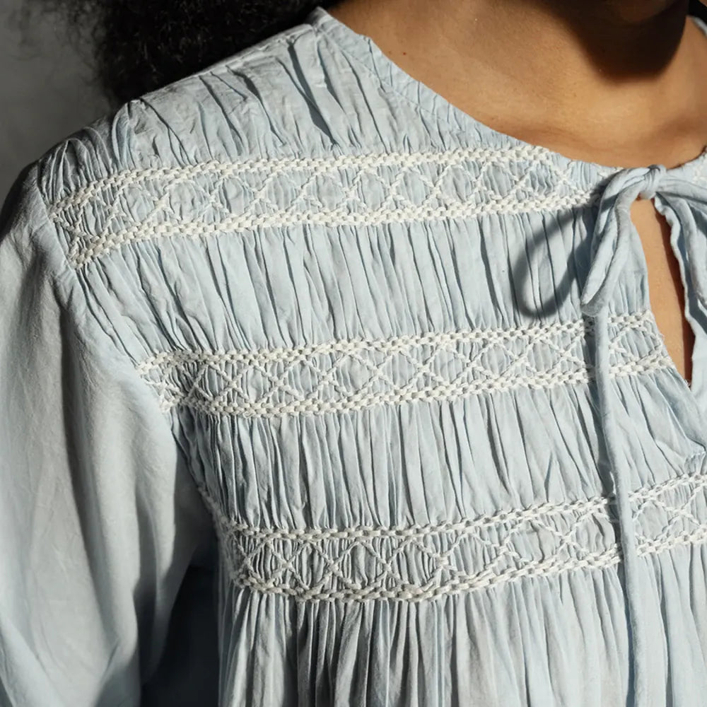 Sandra Cotton Smocked Top | Sky