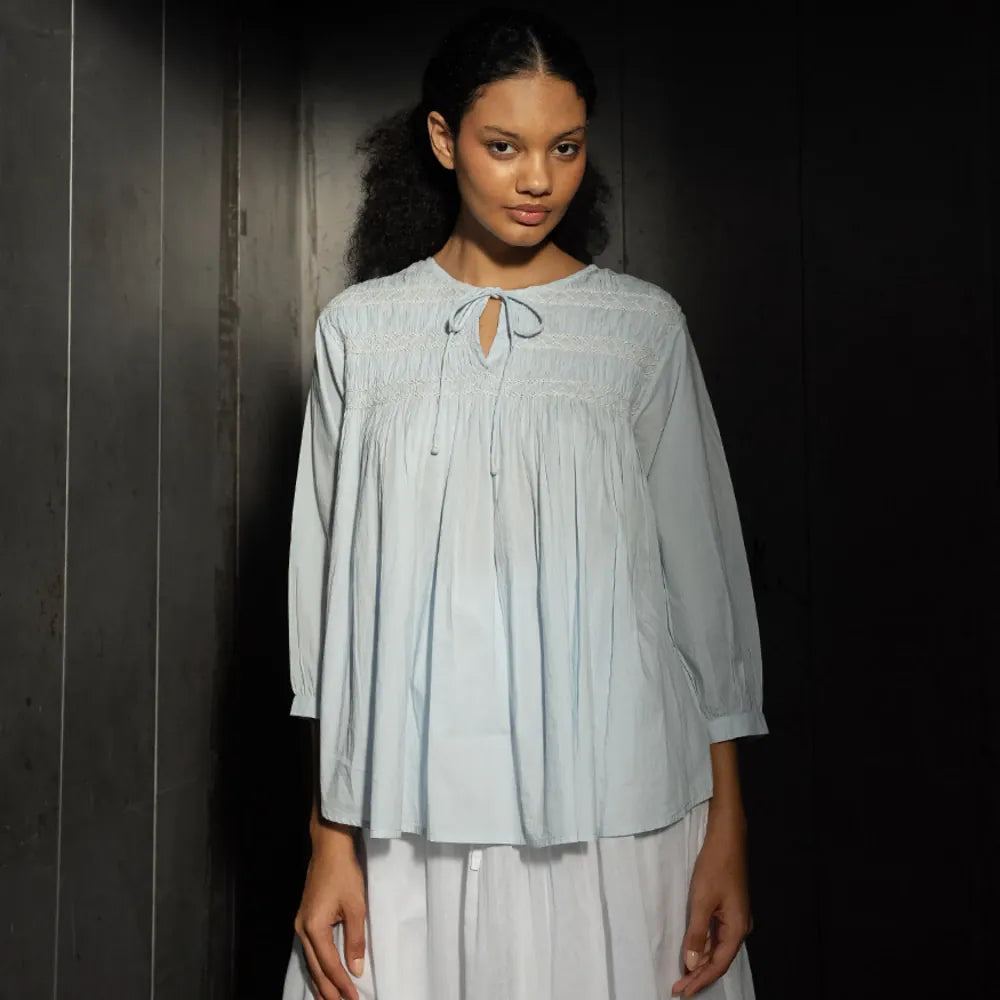 Sandra Cotton Smocked Top | Sky