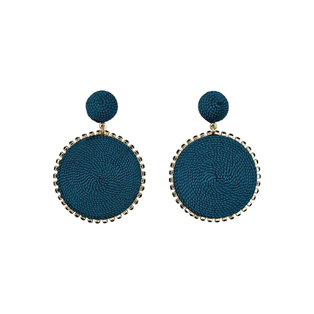 Teal Woven Disc Crystal Outline Drop Earrings