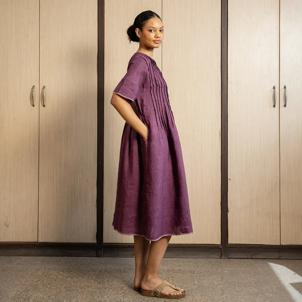 Tessa Linen Pintuck Dress | Aubergine