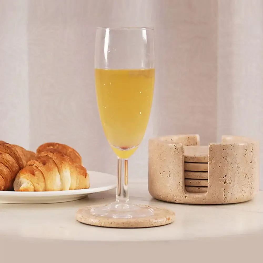 Travertine Marble Coasters with Holder | Set of 6