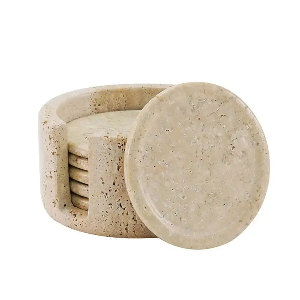 Travertine Marble Coasters with Holder | Set of 6